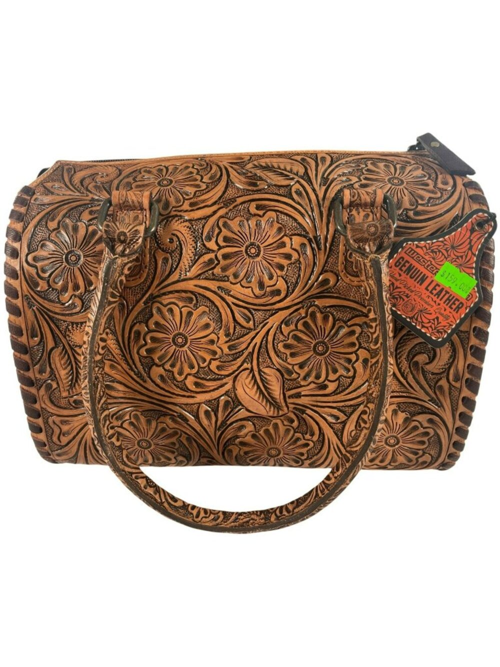 Western Tooled Leather Handbag Cowhide Design Fringe Western Detailing $159 NEW